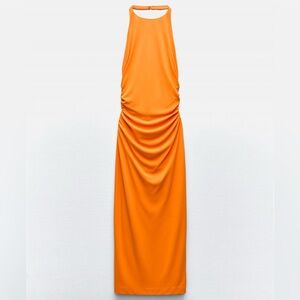 Zara Orange Backless Halter Maxi Dress